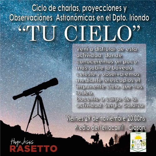 “Tu Cielo”: charla y observación astronómica en Clason.