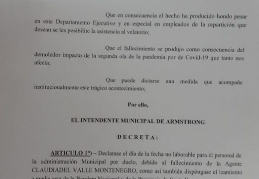 El intendente Municipal Dr. Pablo Verdecchia emitió un decreto por el fallecimiento de la agente Municipal Claudia Montenegro.