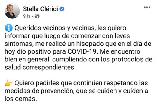 Stella Clérici informó que dio positivo de Covid-19.
