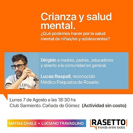  Lucas Raspall brindará una charla sobre crianza y salud mental en Cañada de Gómez.